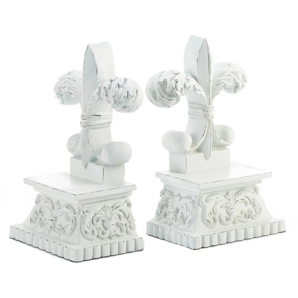 Distressed White Fleur-De-Lis Bookends Home Library Decor