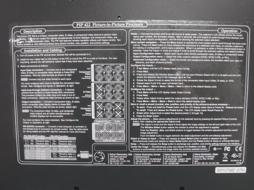EXTRON PIP422 PICTURE IN PICTURE PROCESSOR