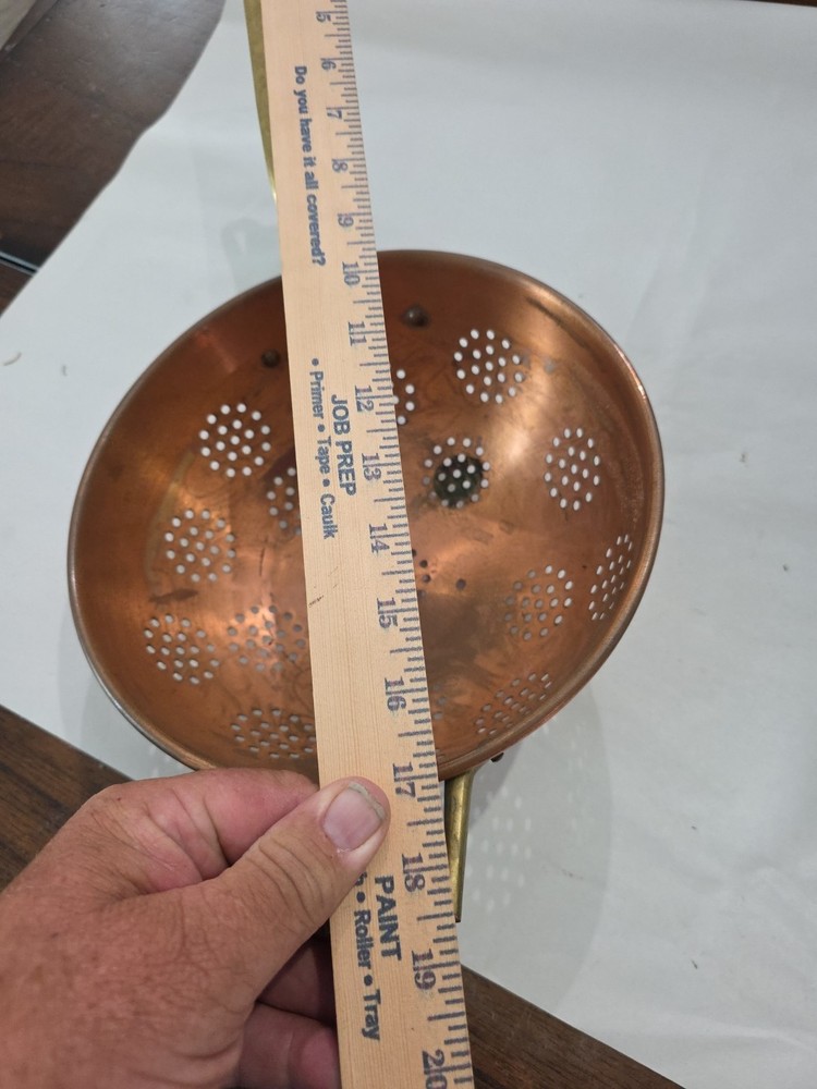 antique vintage copper colander strainer brass handle 17”