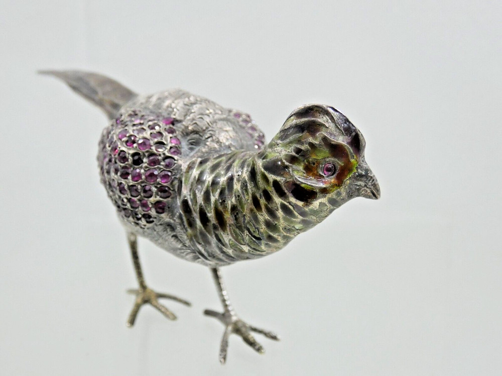 ANTIQUE AUSTRIAN Vienna SILVER ENAMEL MINIATURE BIRD PHEASANT gemset real ruby