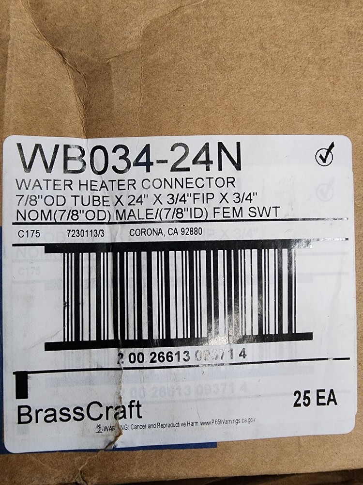 CASE OF 25 Brass Craft Water Heater Connector ⅞" OD tube x 24" x ¾" WB034-24N