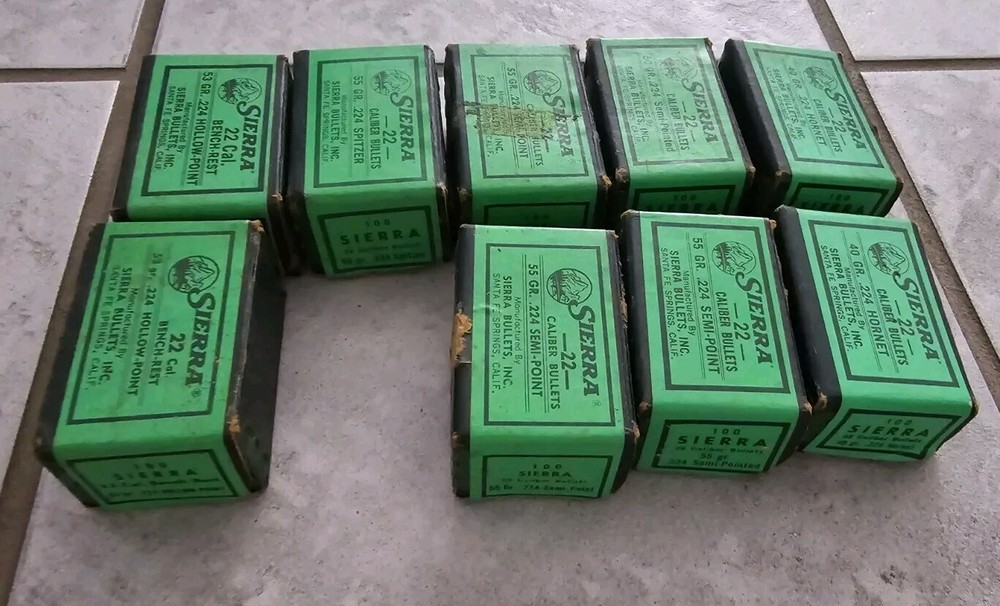 Various Vintage Empty Boxes for .224 Caliber Sierra Rifle Bullets