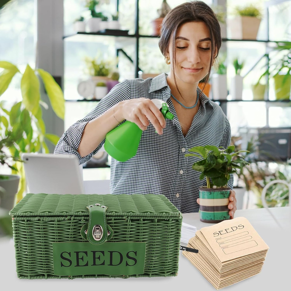 Seed Storage Organizer, 4 Compartment Seed Box with Safety Lock, Poly Wicker Bas