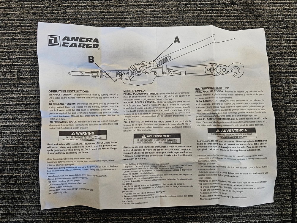 Ancra International 96112 Double Line 2 Ton Cable Puller 4,000 lbs Capacity