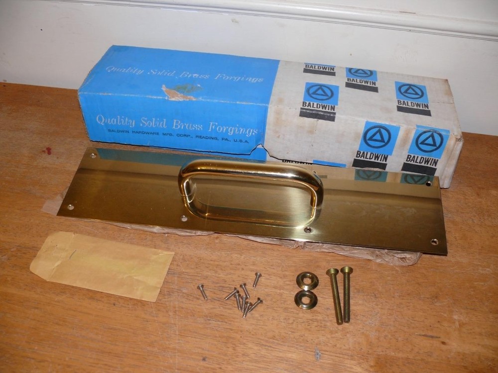 Vintage New open box Baldwin Brass 4" x 16" Solid Brass Pull Plate with hardware