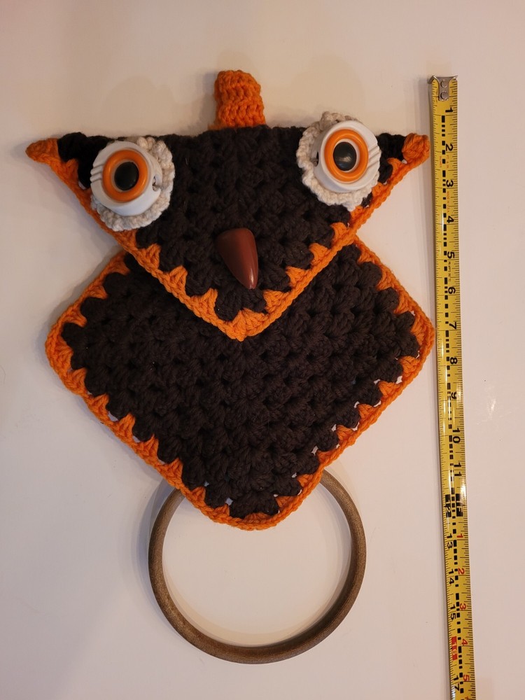 2 Vintage Macrame Owl Orange Brown Plastic Eyes