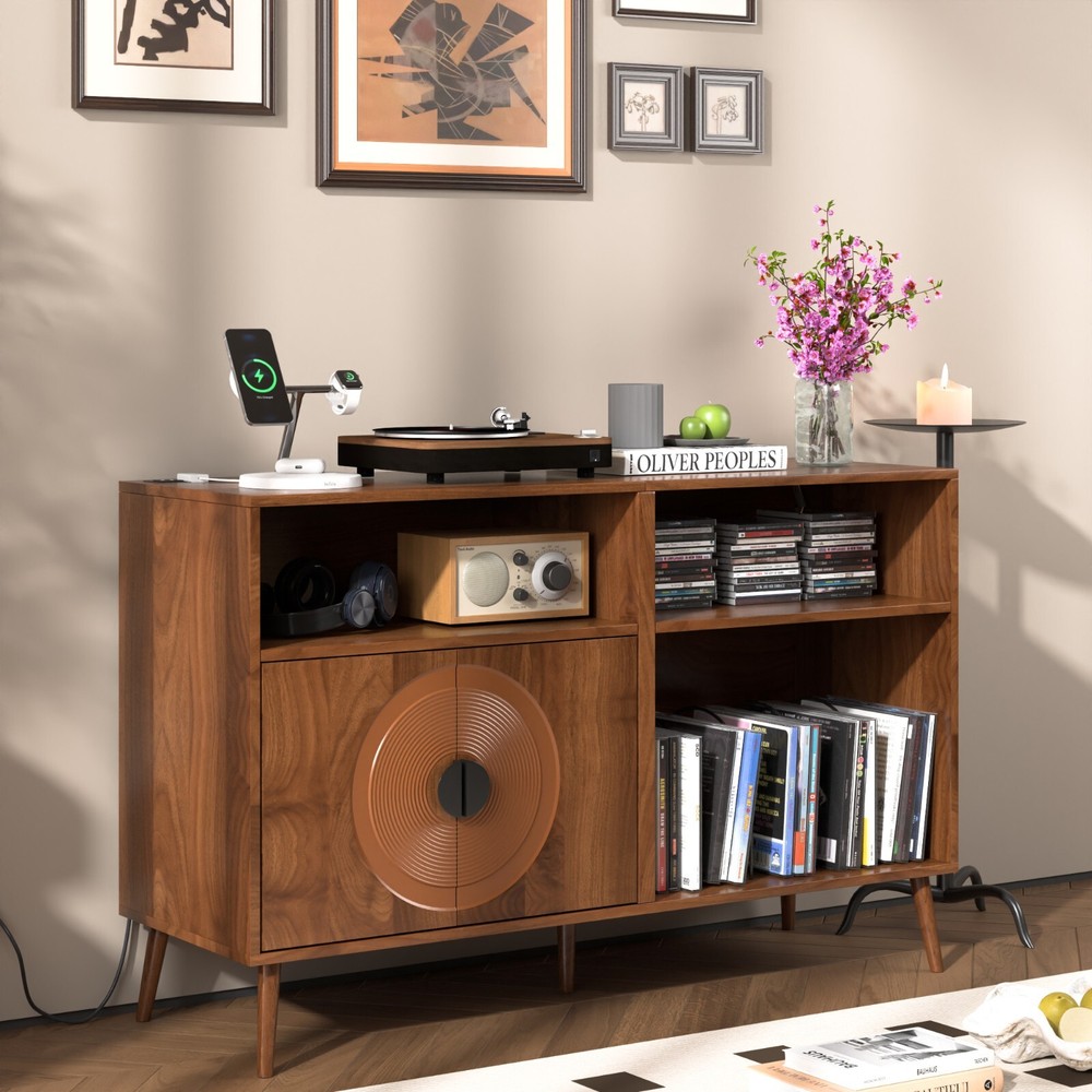 Large Record Player Stand, Mid Century Turntable Stand with Door