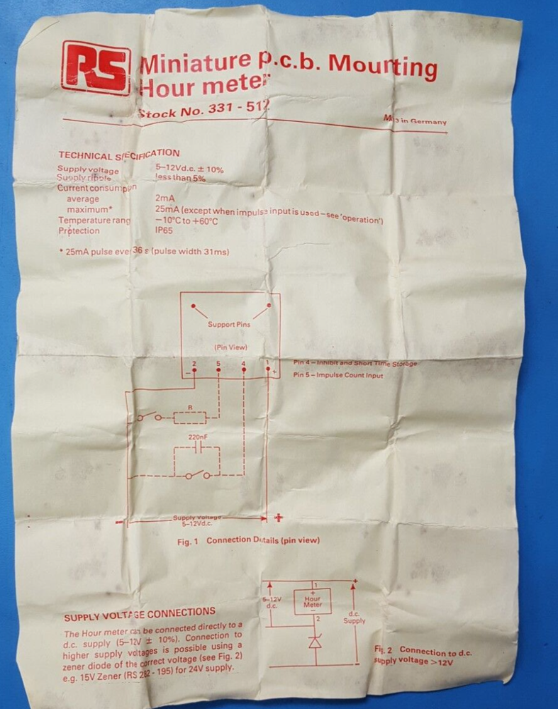 MINIATURE HOUR METER, 331-512 , RS , 5-12 VDC , PCB - IP 65