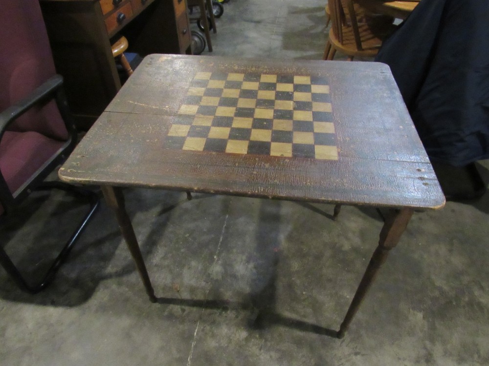 ANTIQUE ORIGINAL 1800's FOLDING CHESS CHECKERBOARD TABLE SOLID PLANK TOP