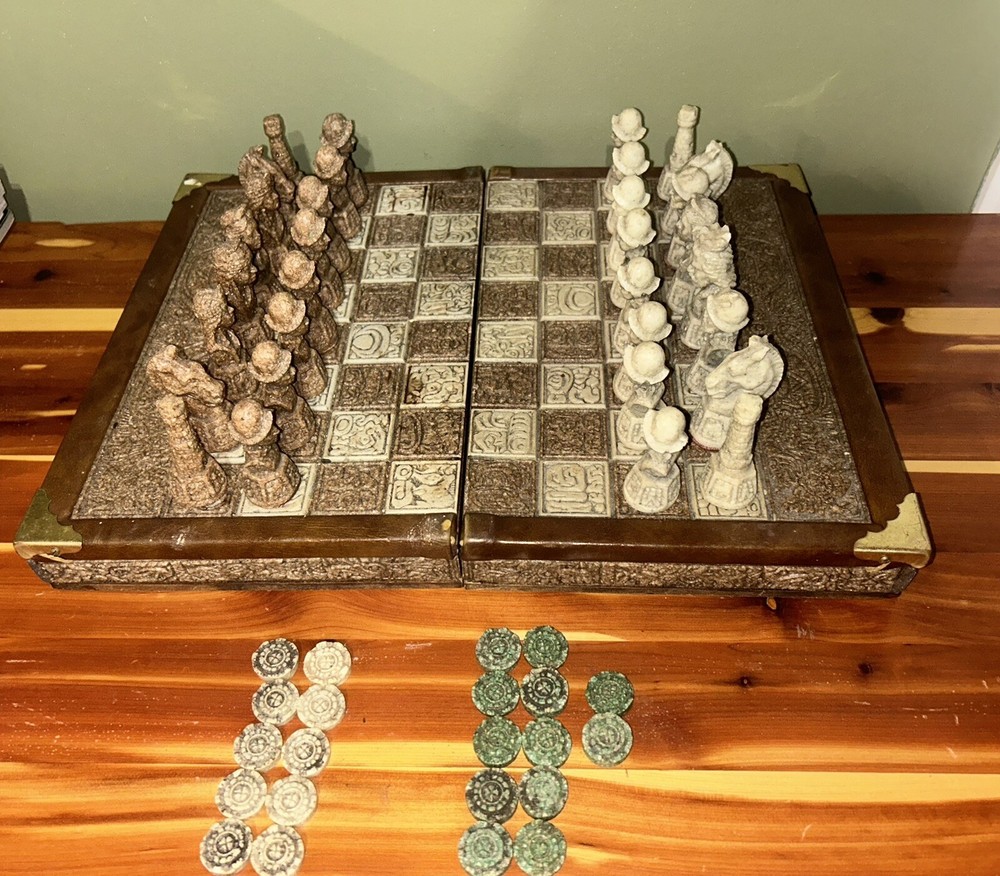 Vintage Unique Aztec Spanish Folding Chess Board Set Mexico Complete