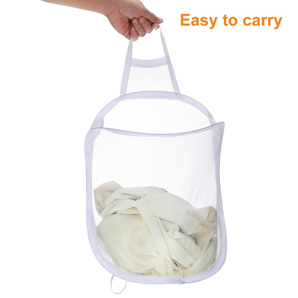 2Pcs Hanging Mesh Laundry Hamper Bag with Hooks for Dirty Clothes White