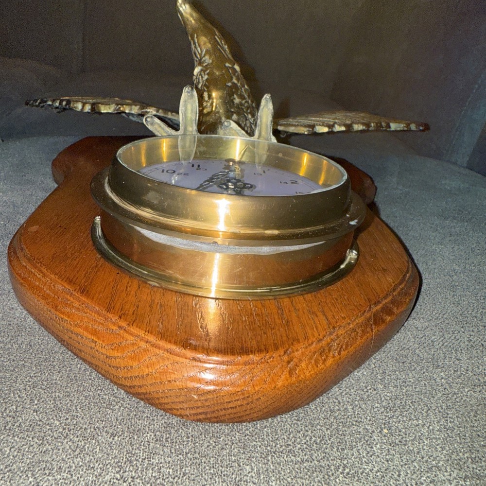 Vintage Brass Quartz Ship's Clock With Solid Brass Eagle 18” X 17”