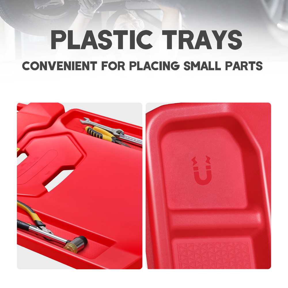 41" FOLDABLE LOW PROFILE ROLLING CREEPER WITH DUAL TOOL TRAYS PADDED HEADREST