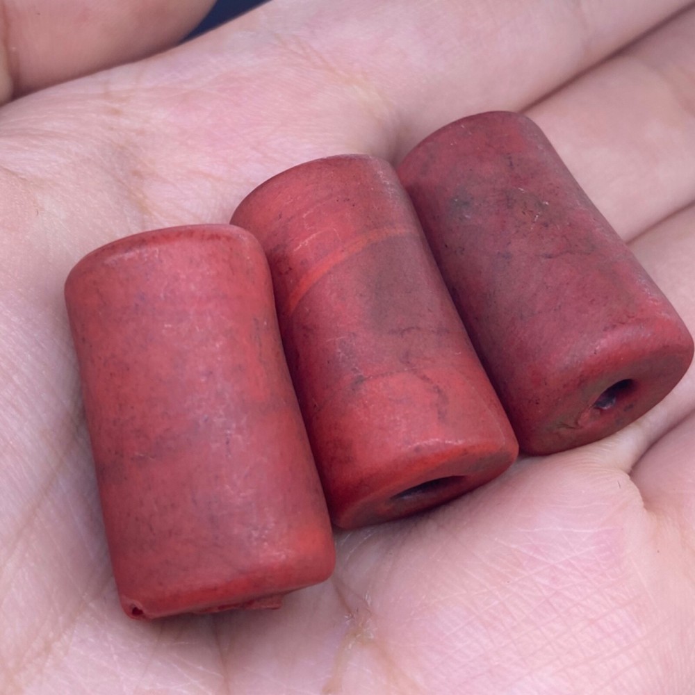 3 Rare Ancient Roman RED Glass Java Beads Circa 2nd - 3rd Century AD