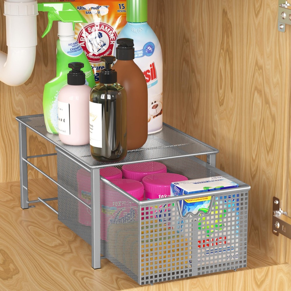 Deco Brothers Stackable Pull Out Cabinet Sliding Basket with Dividers, Large,