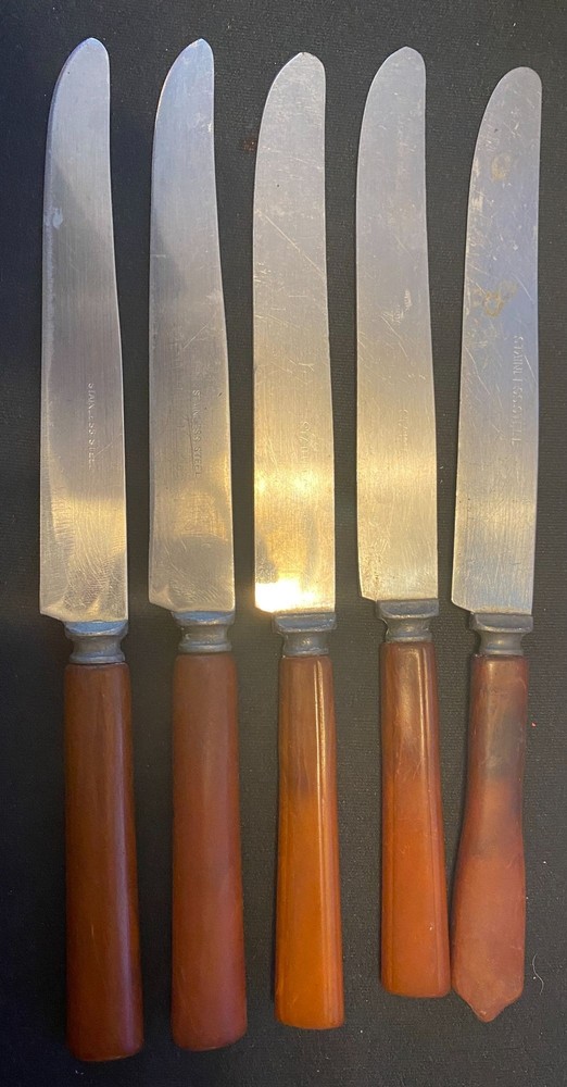 Unbranded Bakelite - 5 Amber Color Knives -Good condition various styles