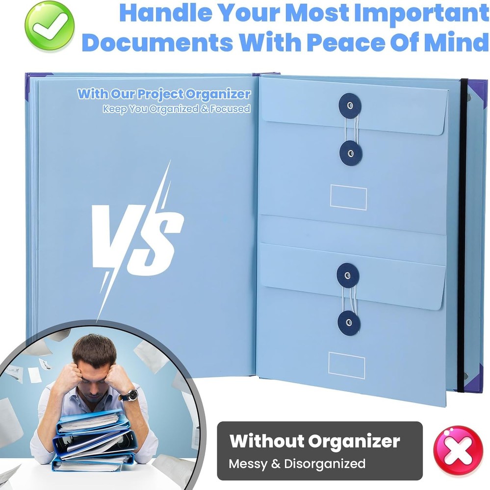 Important Document Organizer, Folio Folders, Folder with Labels Pockets (Blue)
