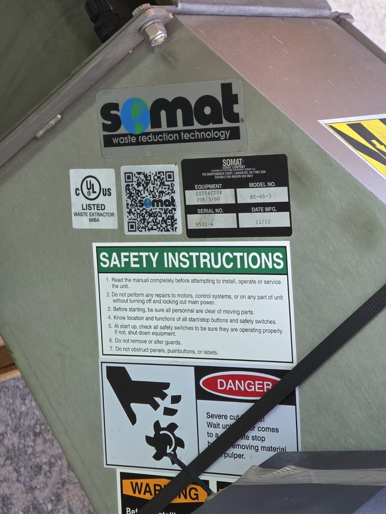 Somat HE-6S3 Somat Extractor 6” Remote Pulper Processes READ DESCRIPTION