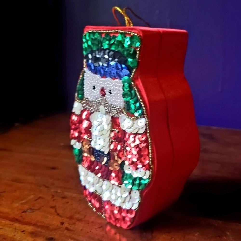 Vintage Sparkly Sequins Nutcracker Santa Storage Box Hanging Ornament
