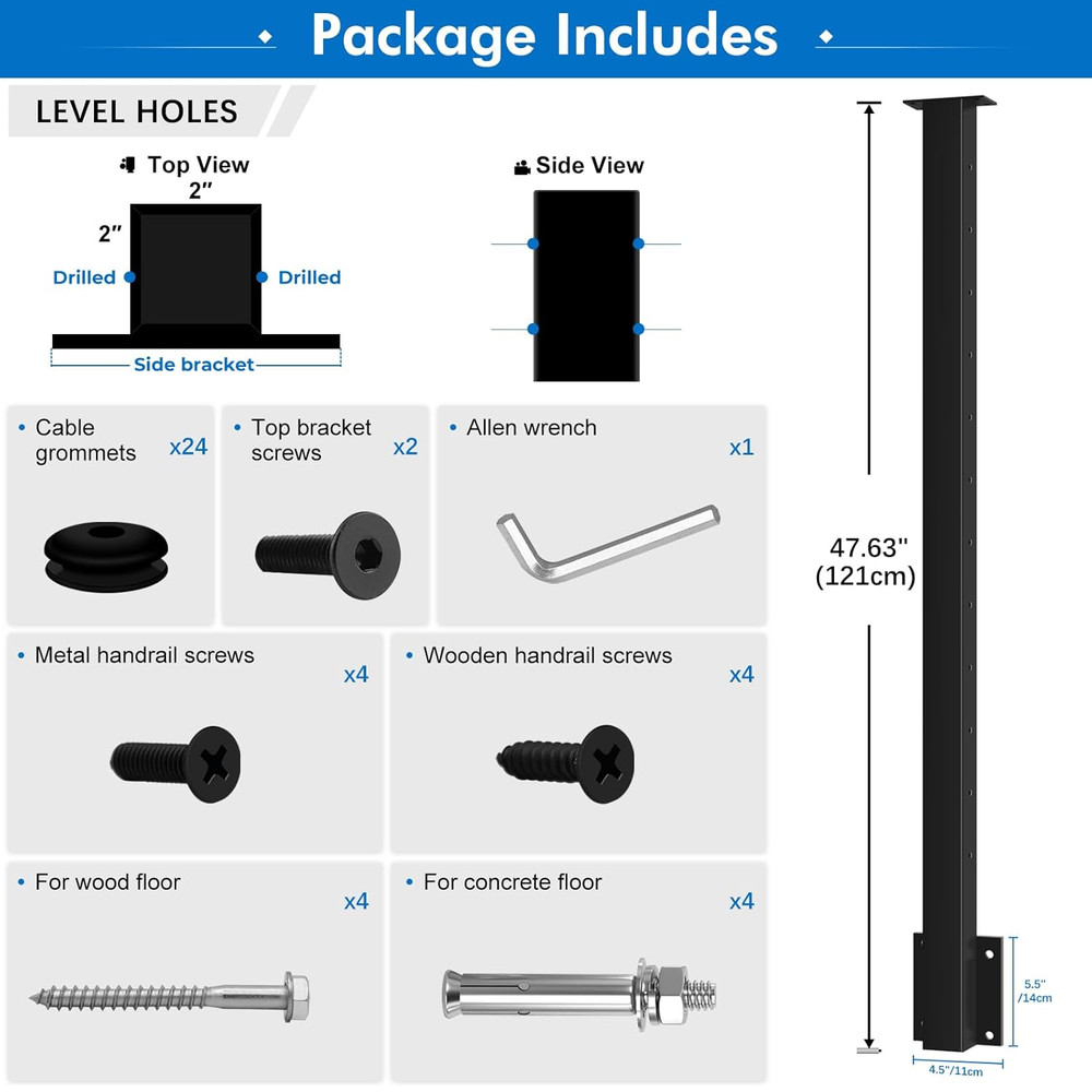 42" Side Mount Cable Railing Post - Black Stainless Steel, Fixed Top Design