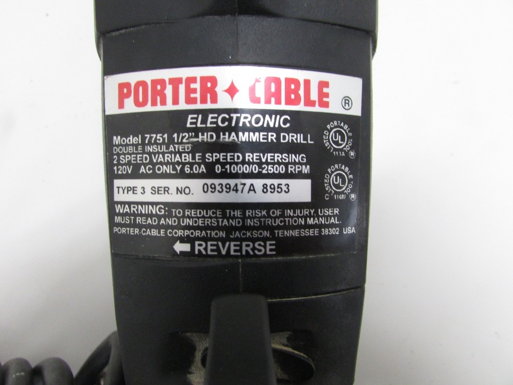 PORTER CABLE TOOLS 1/2” HD HAMMER DRILL 7751, w/ SIDE HANDLE & CASE