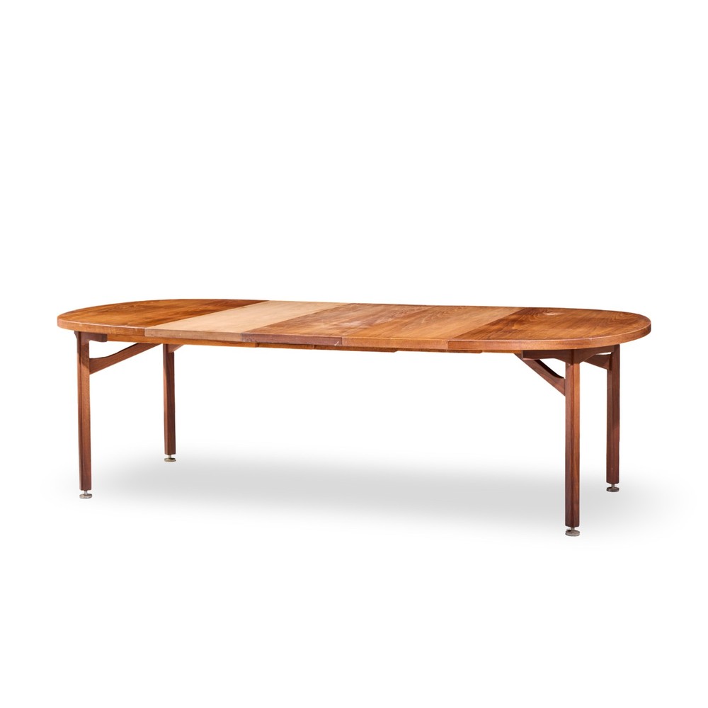 Jens Risom Mid Century Walnut Round Expanding Dining Table with 3 Leaves