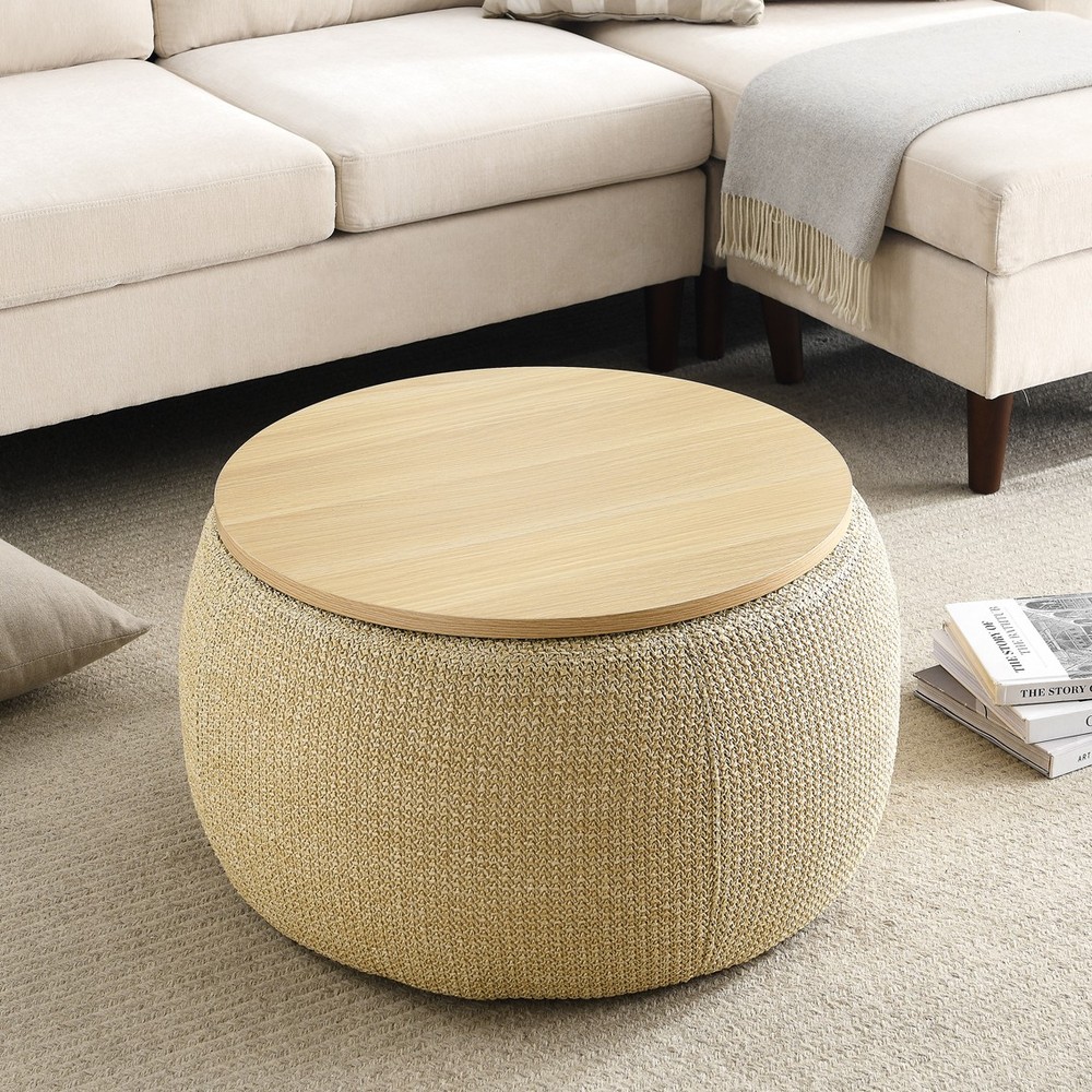 Round Storage Ottoman 2 in 1 Function Work as End Table Natural
