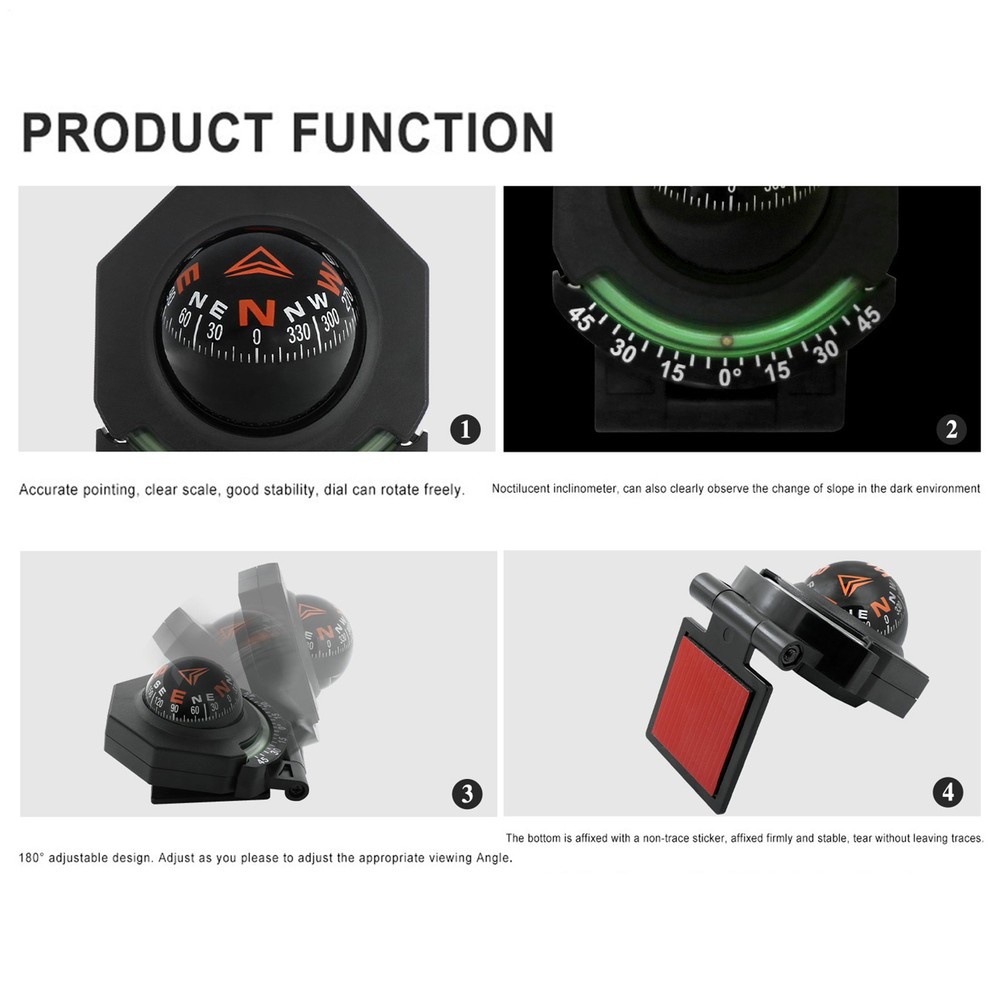 Car Dashboard Compass 180° Adjustable High Precision Foldable Spherical Compass
