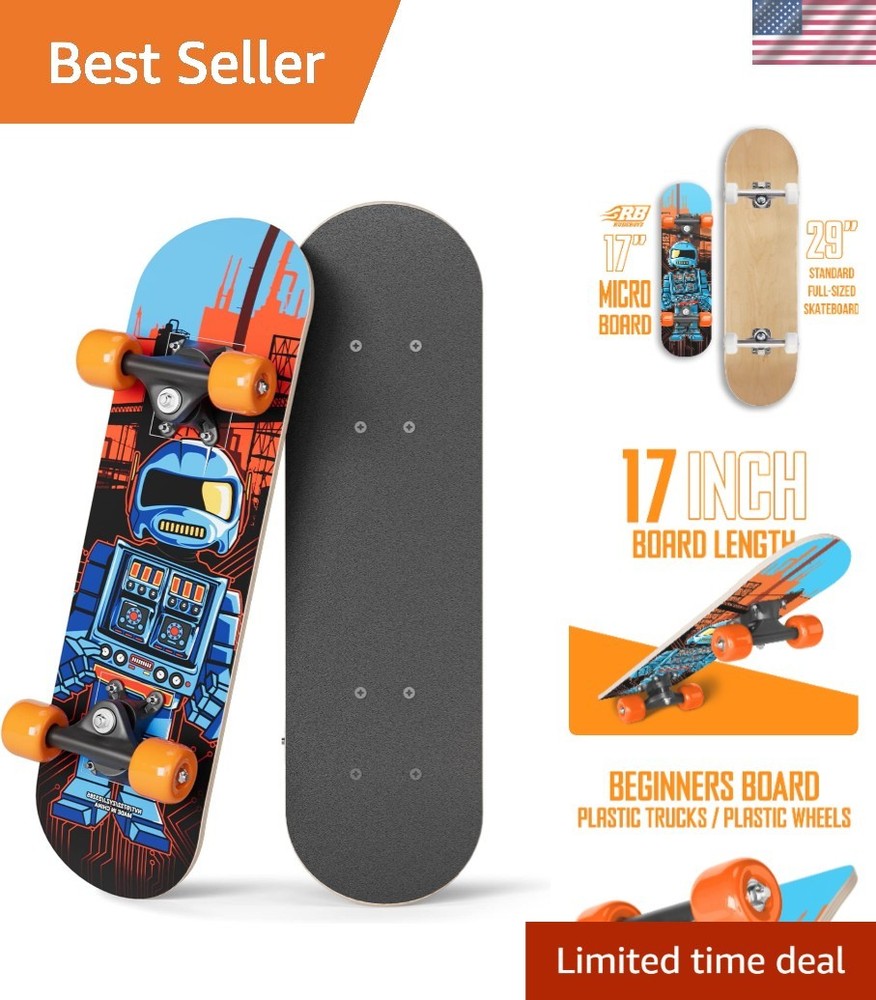 Beginner-Friendly 17" Skateboard with ABEC 7 Bearings, Ages 2-5, Robot Design