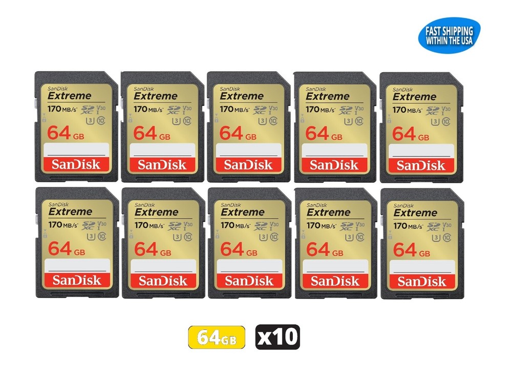 64GB Sandisk Extreme SD cards for Camera / Trail Camera / Computers  (10 Pack)