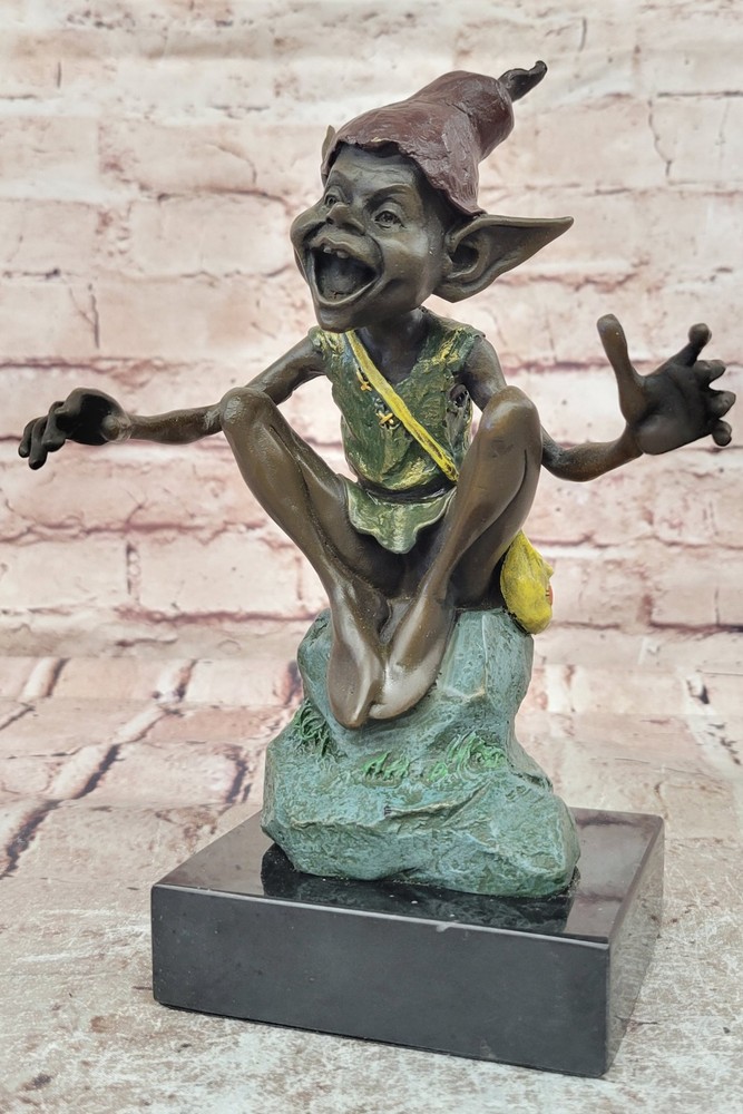 • Funny Goblin Bronze Statue on Marble Base Whimsical Elf Figurine