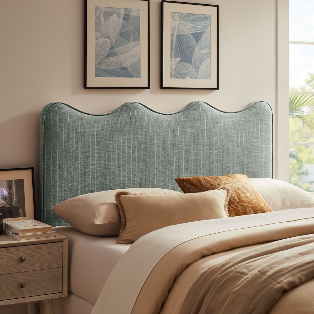 Athena Striped Fabric Upholstered Full Size Headboard in Spa Blue Stripe