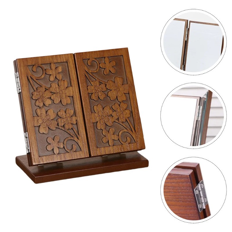 7.07" Foldable Three Sided Wooden Base Mirror Handcarved Desktop Makeup Mirrors