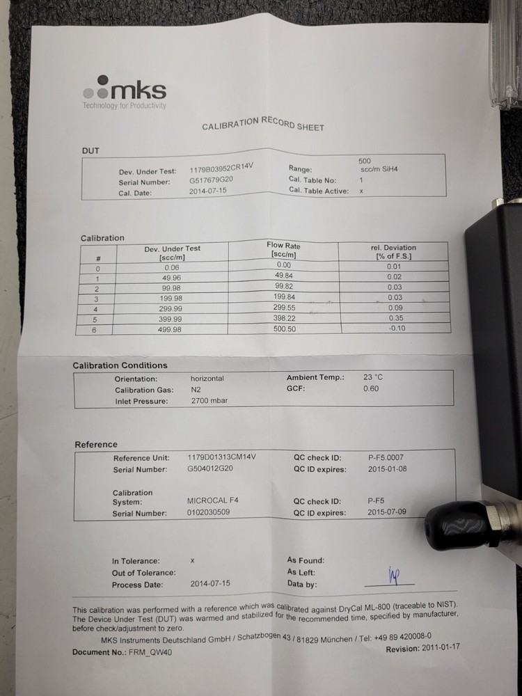 MKS 1179B03952CR14V Mass-Flo Mass Flow Controller 500 SCCM SiH4 Working Pull