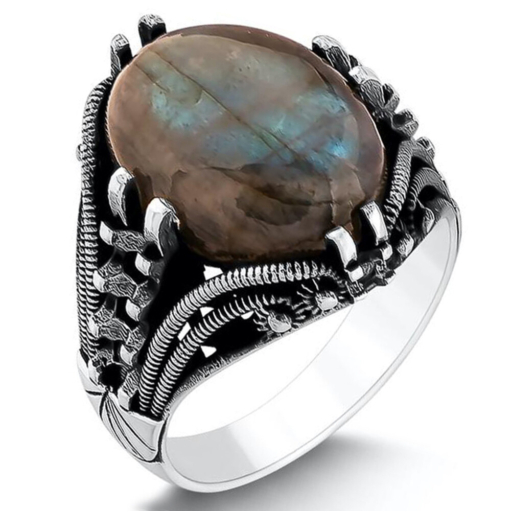 Solid 925 Sterling Silver Natural Labradorite Stone Men's Ring