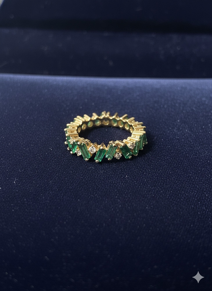 Emerald Green Baguette Ring Gold Zircon Statement Band Adjustable Stacking Ring