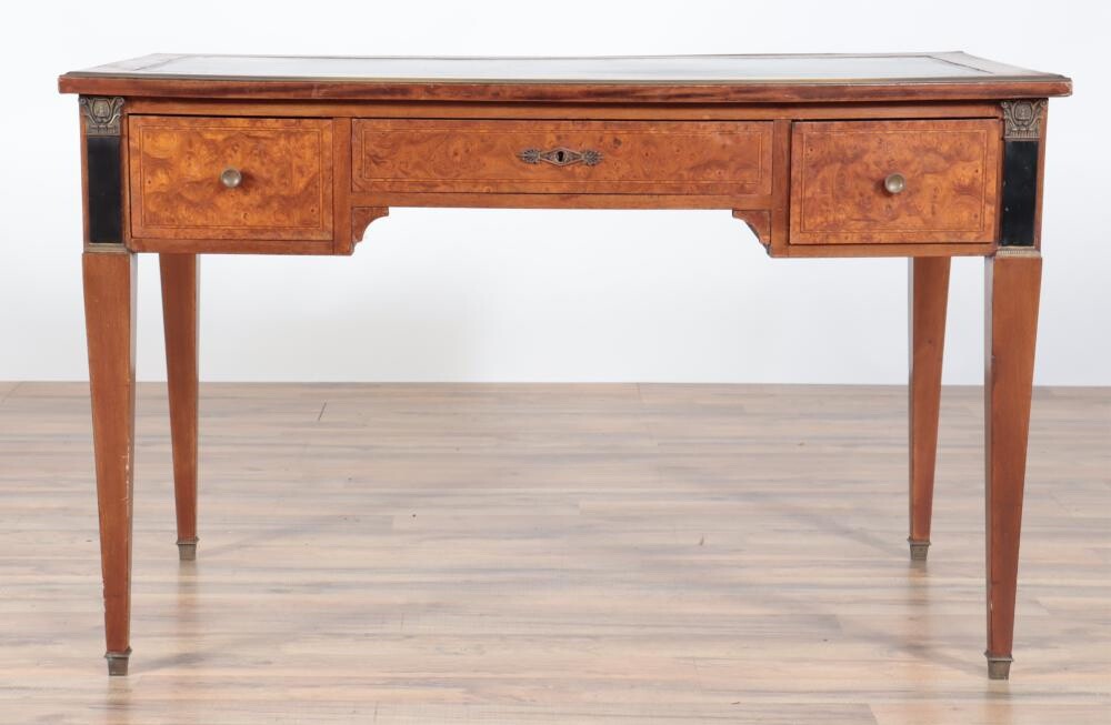 French Empire Brass Mounted Burl Walnut Bureau Plat Writing Table