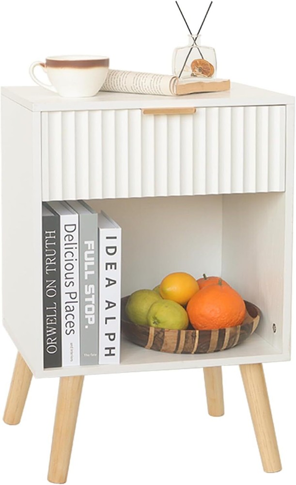 White Nightstand, Modern Bedside Table with Drawer and Opening Storage,