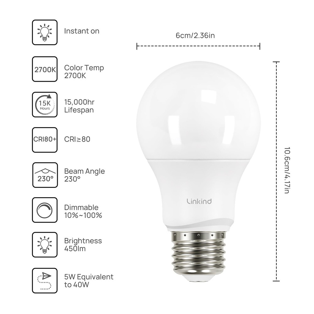 A19 LED Light Bulbs Dimmable, 40 Watt Equivalent, E26 Base, 2700K Soft White,...