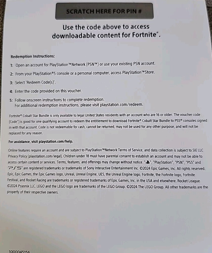 PS5 Exclusive Fortnite Cobalt Star Bundle Code + 1000 V Bucks (unscratched)