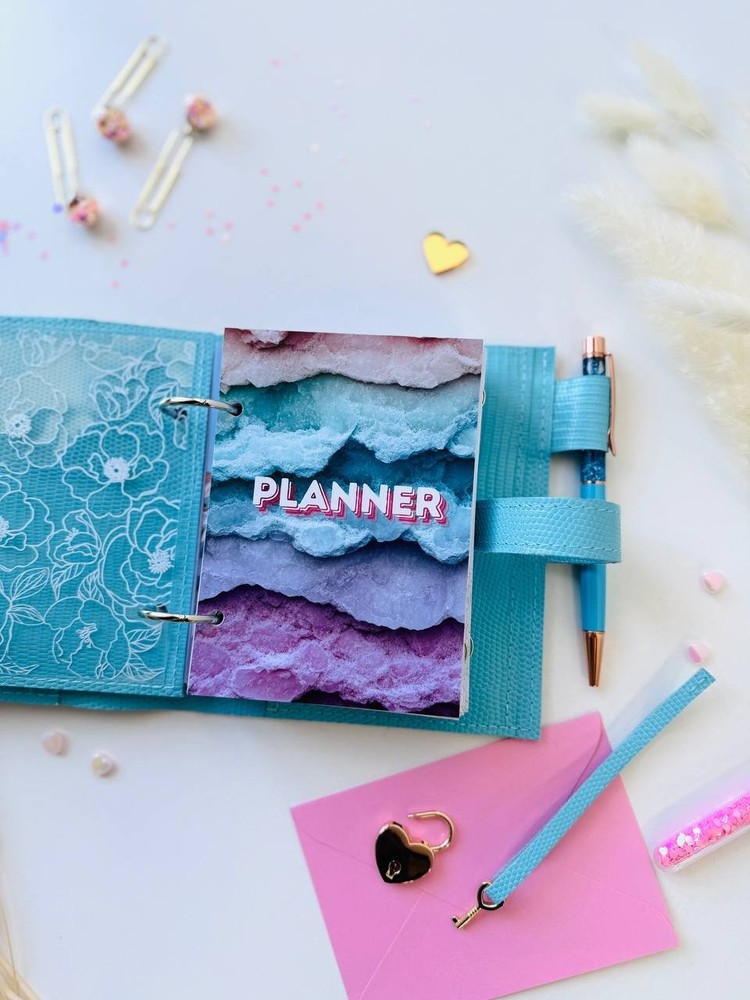 Sky-Blue leather notebook cover A7, 2 big rings mini wallet planner.