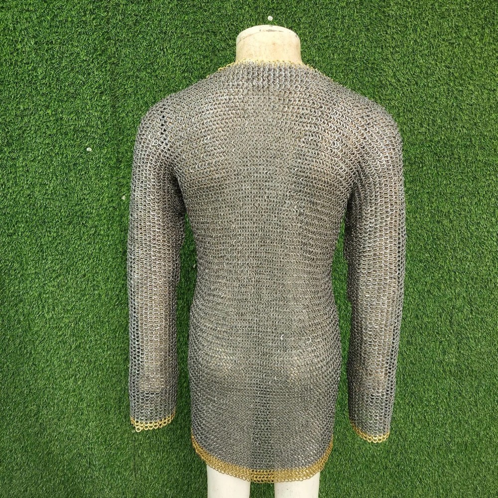 Medieval Chainmail Shirt 9mm Flat Riveted | Brass Washer Rows | Black (M)