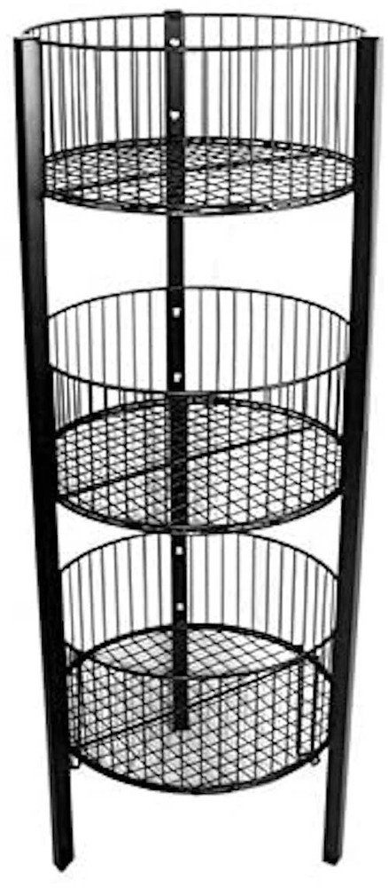 3-Level Wire Basket Display Rack, Floor Standing, Round Bins, Metal Frame Black
