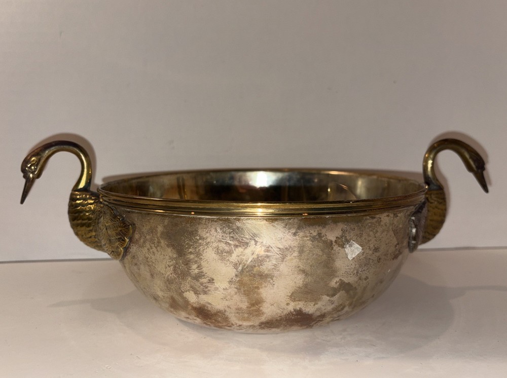 Antique Solid Brass Silverplate Large Bowl With Duck Handles