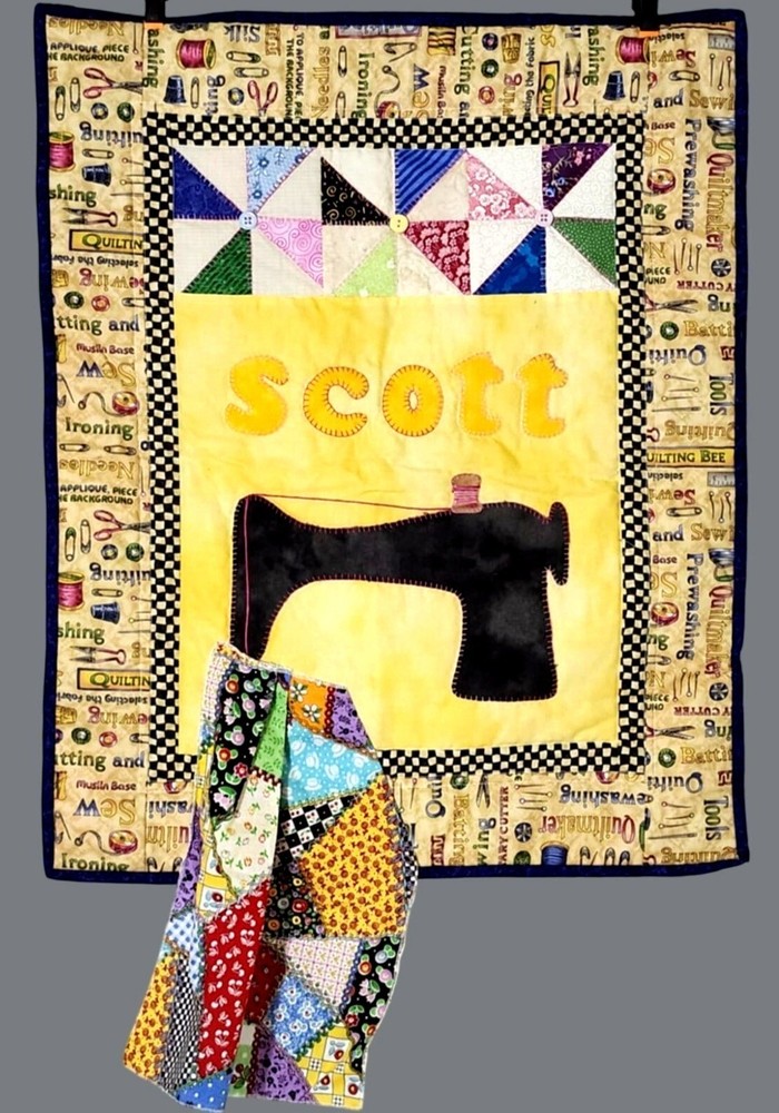 Vintage Handmade Quilted Wall Hanging Sewing Machine & Scott Name Panel Patchwor