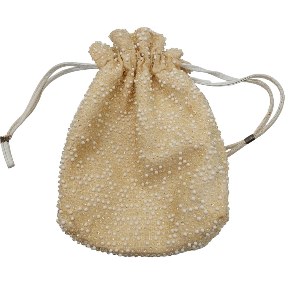 Beaded Purse With Pull String Closure Cream Colored Reversible