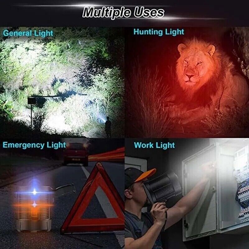 LED Flashlight 200000Lm Super Bright Searchlight Rechargeable Spotlight Handheld