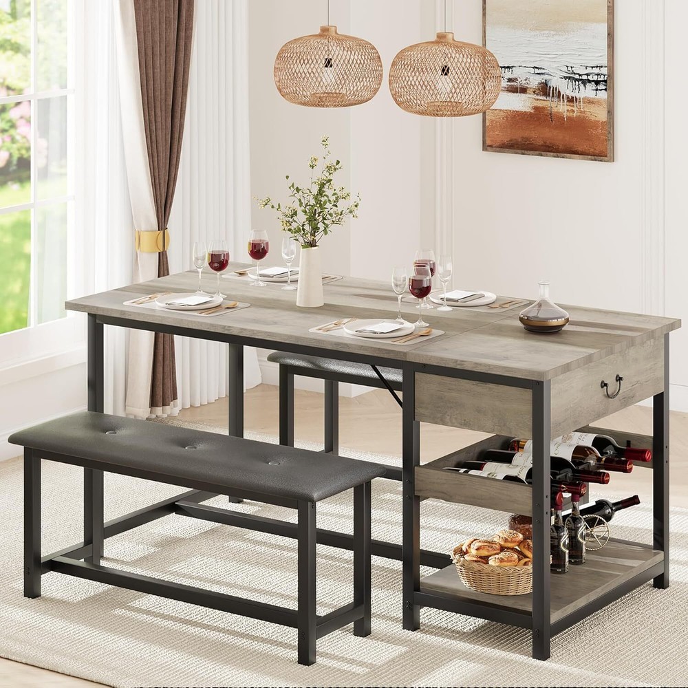 New Dining Table Set for 4 Kitchen Table and 2 Benches, Drawers ,Wine Rack ，Grey