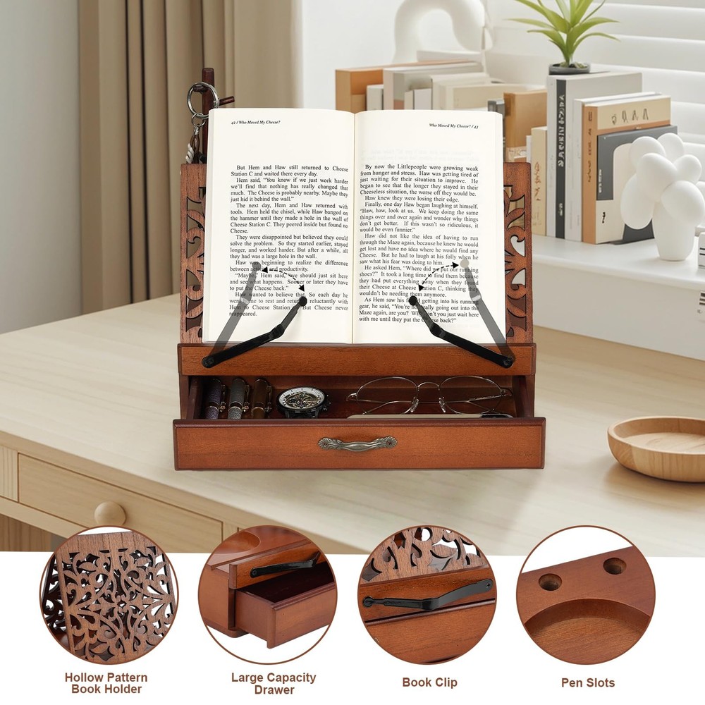 Adjustable Wooden Book Stand with Storage - Multi-Function Hands Free Book Ho