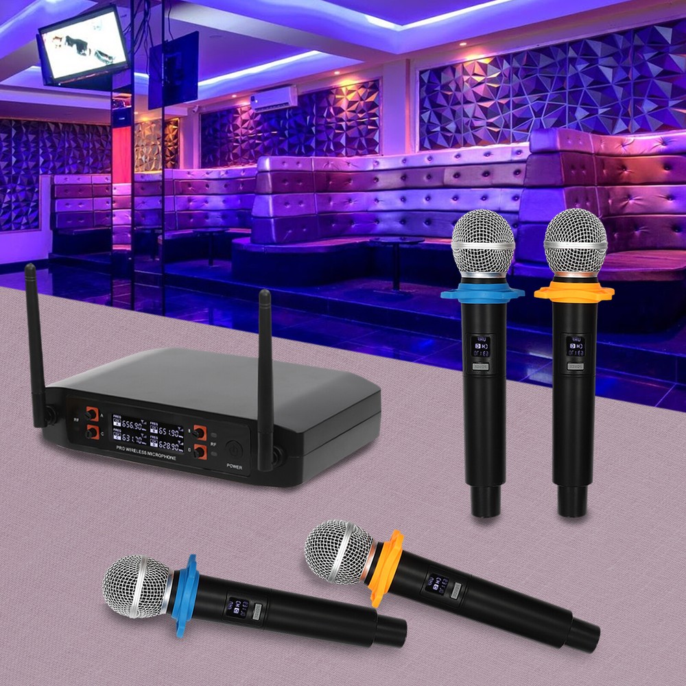 4 Channel Microphone Pro Audio System UHF Wireless Handheld Dynamic Mic Party
